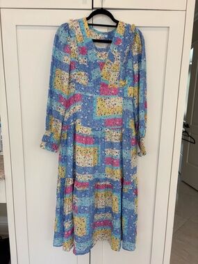 BTFL- Life size medium Blue Floral Patchwork Midi Dress